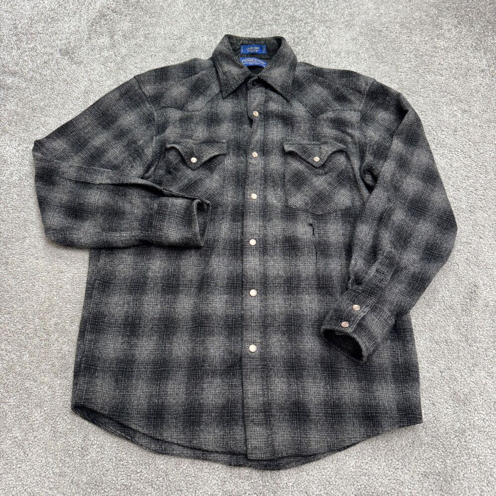 Pendleton Canyon Wool Western Pearl Snap Shacket Shirt Mens Small Gray Plaid Top